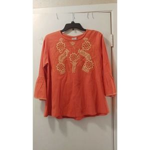 Ole San Miguel Mexican Hand Embroidery Tunic blouse Orange Sz L p-t-p4 21" L25"